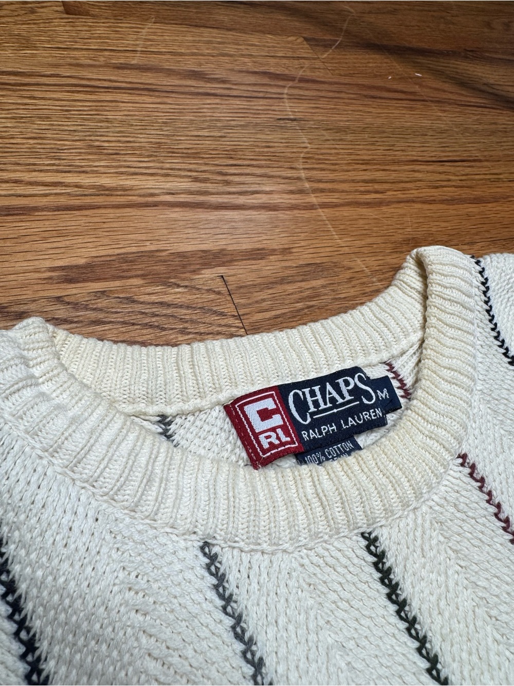 Chaps Cream Crewneck Sweater with Navy & Burgundy Pinstripes - Picture 4 of 4